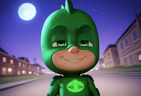 (score_9, score_8_up, score_7_up), highly detailed, cute boy, masterpiece, best quality, high quality, detailed, round face, round eyes, round pupils, shining eyes, petite, flat chested, aged down, cute, kawaii, short, 1boy, solo, Gekko Costume, Green Bodysuit, Green Eyes, Mask, Tail, at night, strong, full moon, dynamic pose,  side view, dutch angle, smug smile, narrowed eyes, low angle view, perfect detail, perfect eyes, perfect face, perfect mouth, night time, moonlighting, empty streets, outdoors, street, city background, textured costume, bold lines, volumetric lighting, moon in background, ((blurred detailed background)), natural lighting, (ray tracing, good shadows), young