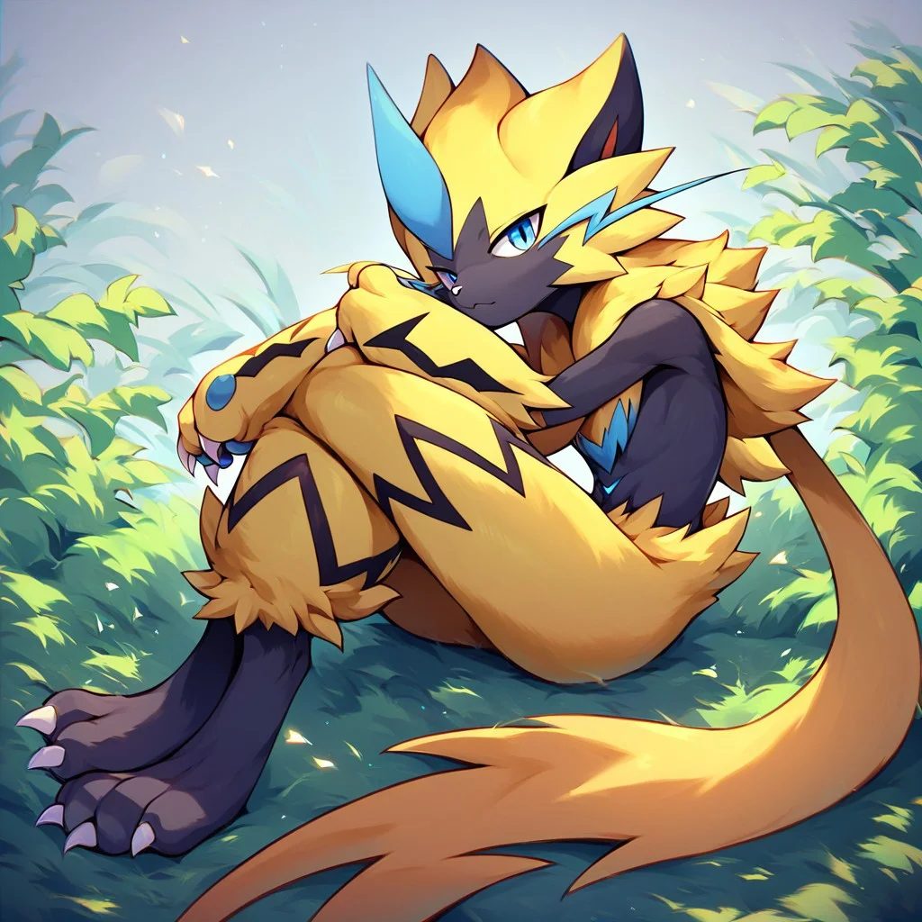 zeraora, furry, pokemon (creature), 1other,score_9, score_8, score_7_up, score_6_up, from side, sitting, crossed legs,looking at viewer, head rest, full body,