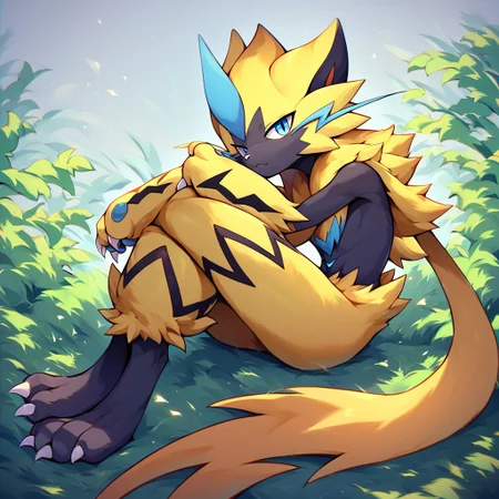 zeraora, furry, pokemon (creature), 1other,score_9, score_8, score_7_up, score_6_up, from side, sitting, crossed legs,looking at viewer, head rest, full body,