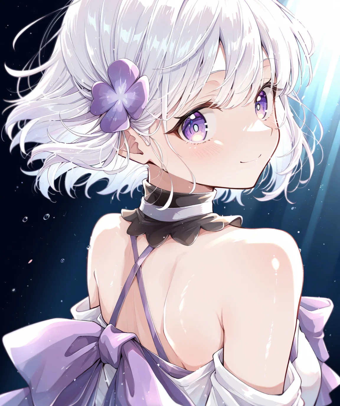 intricately detailed illustration, shiny skin, masterpiece, best quality, amazing quality, very aesthetic, newest, scenery, (volumetric lighting:1.1), full color, clear line, <lora:arte_v1:0.8>, arte, purple eyes, white hair, short hair, hair ornament, purple clover ornament, black choker, white dress, bare shoulders, purple ribbon, smile, upper body, looking back, simple background, <lora:cfg_scale_boost:0.7>