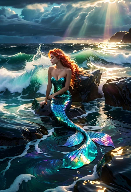 A mermaid is resting on a sunlit rock amidst turbulent sea waves, FranckyXVWolff style. Her scales reflect a spectrum of iridescent hues, with tendrils of hair flowing with the water's movement. She is surrounded by a shimmering aura, against a backdrop of stormy skies clearing above. This scene is high-definition, 8k resolution, ultra-clear, with dramatic lighting.