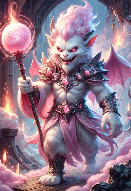 Pink demon imp, Close-up of a fantastic image of an imp demon standing holding an orbstaff while grinning with his vampire teeth, behind him were people crossing a long wooden bridge in the depths of hell cotton candy, Dracula teeth, clad in flowing, flowing demon pink dress, wielding an glowing Orbstaff ornate, ornate glowing Orbstaff, Their eyes are filled with power and determination, as they wield the orbstaff n a fluid, hellish cotton candy atmosphere with roiling lava fire cotton candy, lava cotton candy, volcano cotton candy, creepy, creatures, action pose, flying pose, awesome hell cotton candy background, dynamic motion, cottoncandy