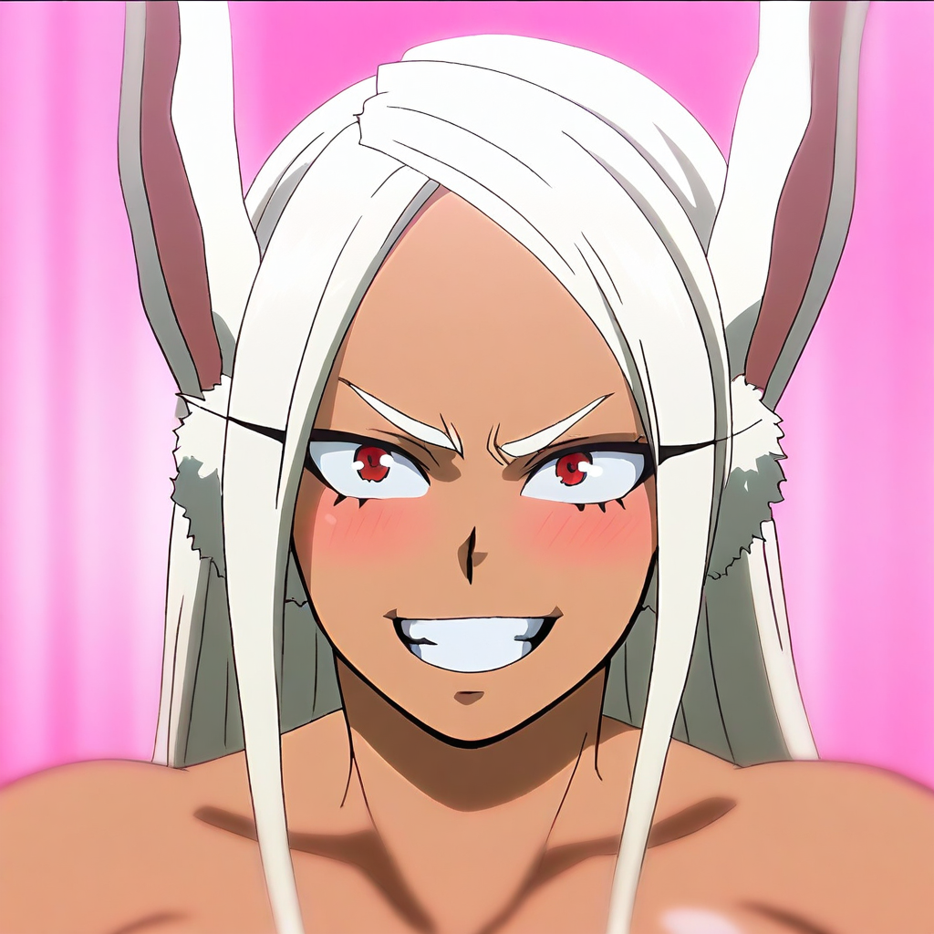 T5UM4N3T0R1, an anime styled image, masterpiece, absurdres, solo, facing viewer, anime style, anime lineart, 1girl, Mirko\(my hero academia\), my hero academia, Mirko, dark-skinned_female, white hair, grin, (detailed eyes, beautiful red eyes), blush, uncensored, hentai, pink theme, depth of field, dynamic