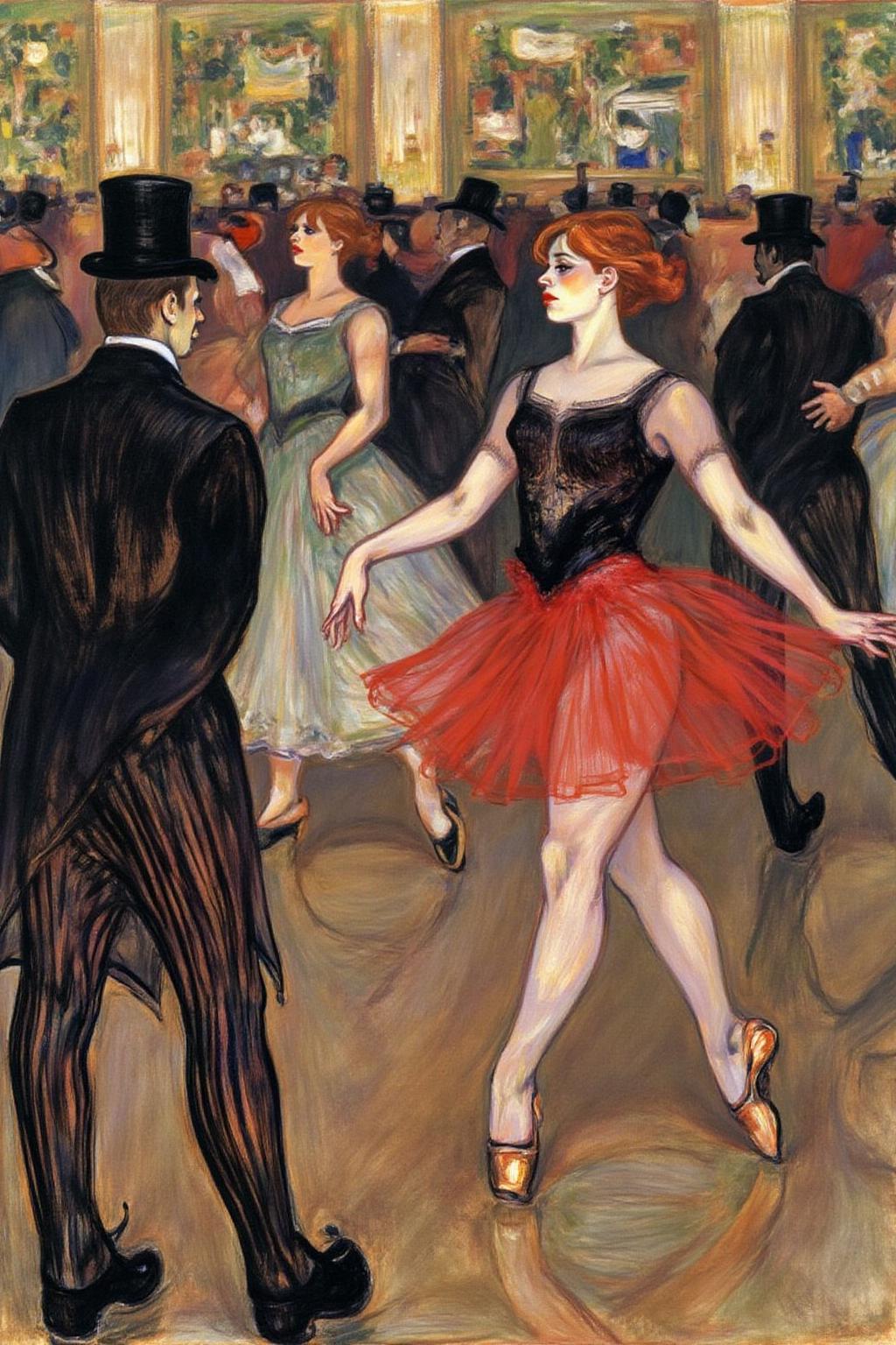 lautrec1 painting
a lively scene in what appears to be a dance hall or ballroom. The scene is filled with movement and color, typical of the Impressionist movement. The main subject is a dancer, likely a ballerina, in the center-right of the painting. She is wearing a black top, a red skirt, and white tights, with her feet in pointe shoes. Her movements are captured mid-step, with a sense of fluidity and grace.
To her left, a man in a dark suit with a top hat and striped trousers is seen from behind, his figure slightly blurred, suggesting motion. <lora:lautrec4_nocap_d6a3:1.0><lora:813632329890268629:0>