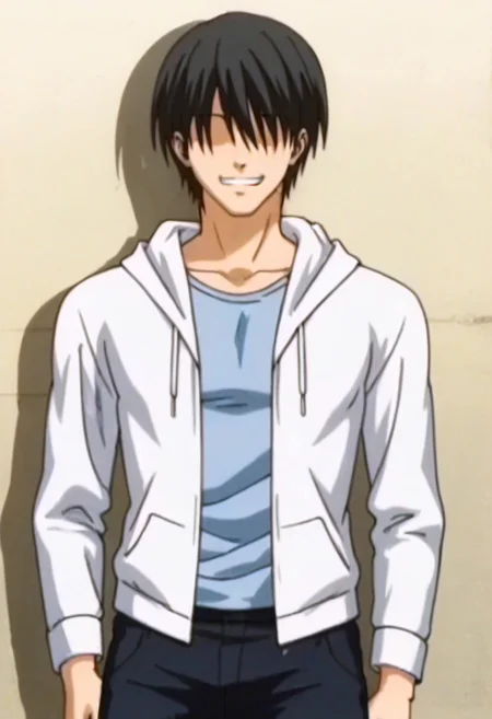 ((masterpiece)), ((best quality)), ((ultra-detailed)), ((absurdres)), score_9_up, score_8_up, score_7_up,
HD, top quality, best quality, amazing quality, High-quality illustrations, anime screencap, source_anime, best aesthetic, perfect proportions, perfect eyes, 1boy, 1male, solo boy, solo male, male focus, solo male focus, Anime, boy, male anime character, anime boy, handsome, cute, charming, sexy, Mamoru Kaminuma, black hair, long bangs, hair over eyes, hidden eyes, ((grin, closed mouth)), ((very tall body, very tall height)), ((fit body, lean body, mature appearance, mature body)), open white hoodie, long sleeves, ((light blue shirt)), gray pants, ((tokyo city, street)), ((cowboy shot, head to hips shot)), easynegative, updn, Expressiveh, masterpiece, best quality, very aesthetic, absurdres