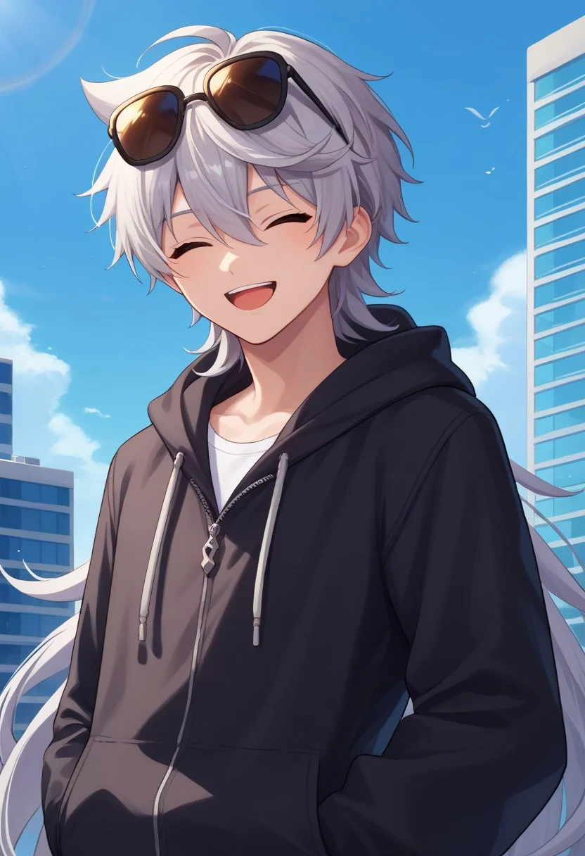 score_9, score_7_up, source_anime,
boreas, 1boy, male focus, solo, closed eyes, grey hair, long hair, very long hair, bangs, hair between eyes, sunglasses, eyewear on head, jacket, black jacket, hoodie, hood down, long sleeves, smile, open mouth,
outdoor, sky, building, contemporary,