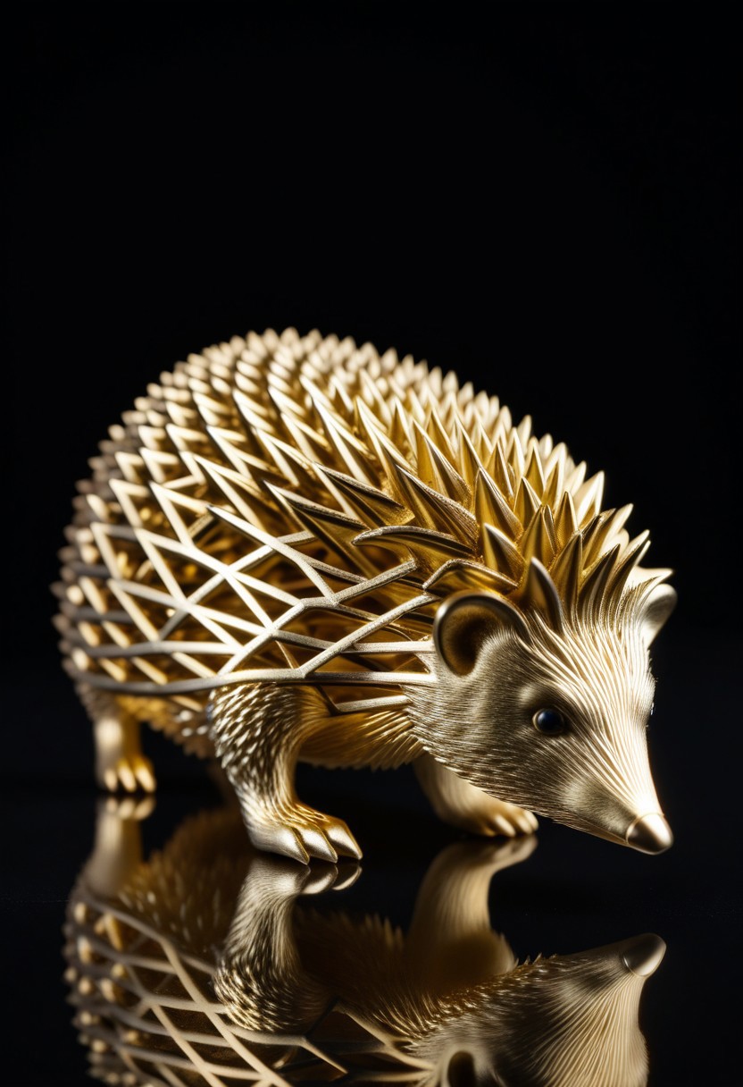8K analog photo, 3d printed gold Hedgehog Statue made of Truss Structure, WhiteMold, Walking, dark background, minimalist,