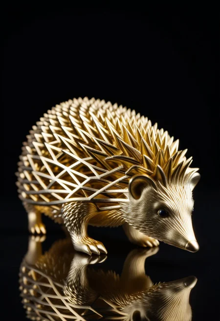 8K analog photo, 3d printed gold Hedgehog Statue made of Truss Structure, WhiteMold, Walking, dark background, minimalist,