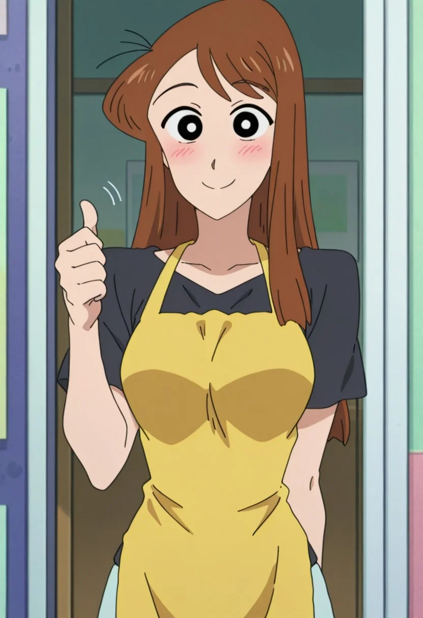 best quality, masterpiece, anime screencap, anime coloring, ultra detailed, source_anime, intricate details, perfect anatomy, looking at viewer, 1girl, solo,
nakamura, long hair, brown hair, black eyes, breasts,
thumbs up, shirt, short sleeves, apron, black shirt,
smile, blush,