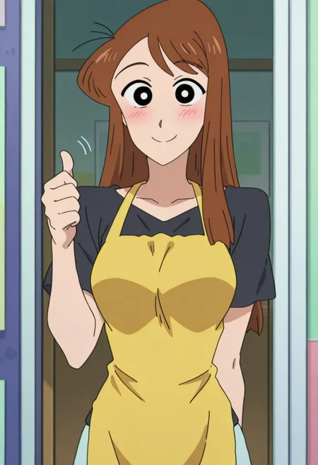 best quality, masterpiece, anime screencap, anime coloring, ultra detailed, source_anime, intricate details, perfect anatomy, looking at viewer, 1girl, solo,
nakamura, long hair, brown hair, black eyes, breasts,
thumbs up, shirt, short sleeves, apron, black shirt,
smile, blush,