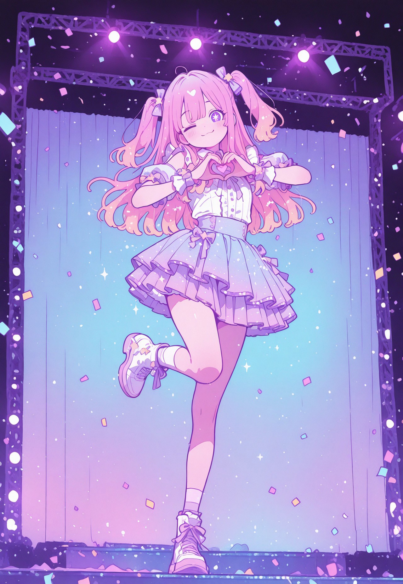  aesthetic, film grain 
(masterpiece), best quality, amazing quality, aesthetic, 

1girl, solo, idol, stage, long hair, pink hair, gradient hair, star-shaped pupils, sparkling eyes, idol dress, frills, pleated skirt, pastel colors, winking, heart hands, 4-Finger Heart Hands,,glowing lights, looking at viewer, full body, cheerful, dynamic pose, background lights, confetti, ribbon, energetic, vibrant, standing on one leg,glittering-idol-outfit

 Flatline, Flat vector illustrations 
<lora:NOOB_vp1_detailer_by_volnovik_v1:0.3> <lora:ponyv6_noobE11_2_adamW-000017:0.3> <lora:XXX667:0.7> <lora:checkpoint-e18_s306:2>,