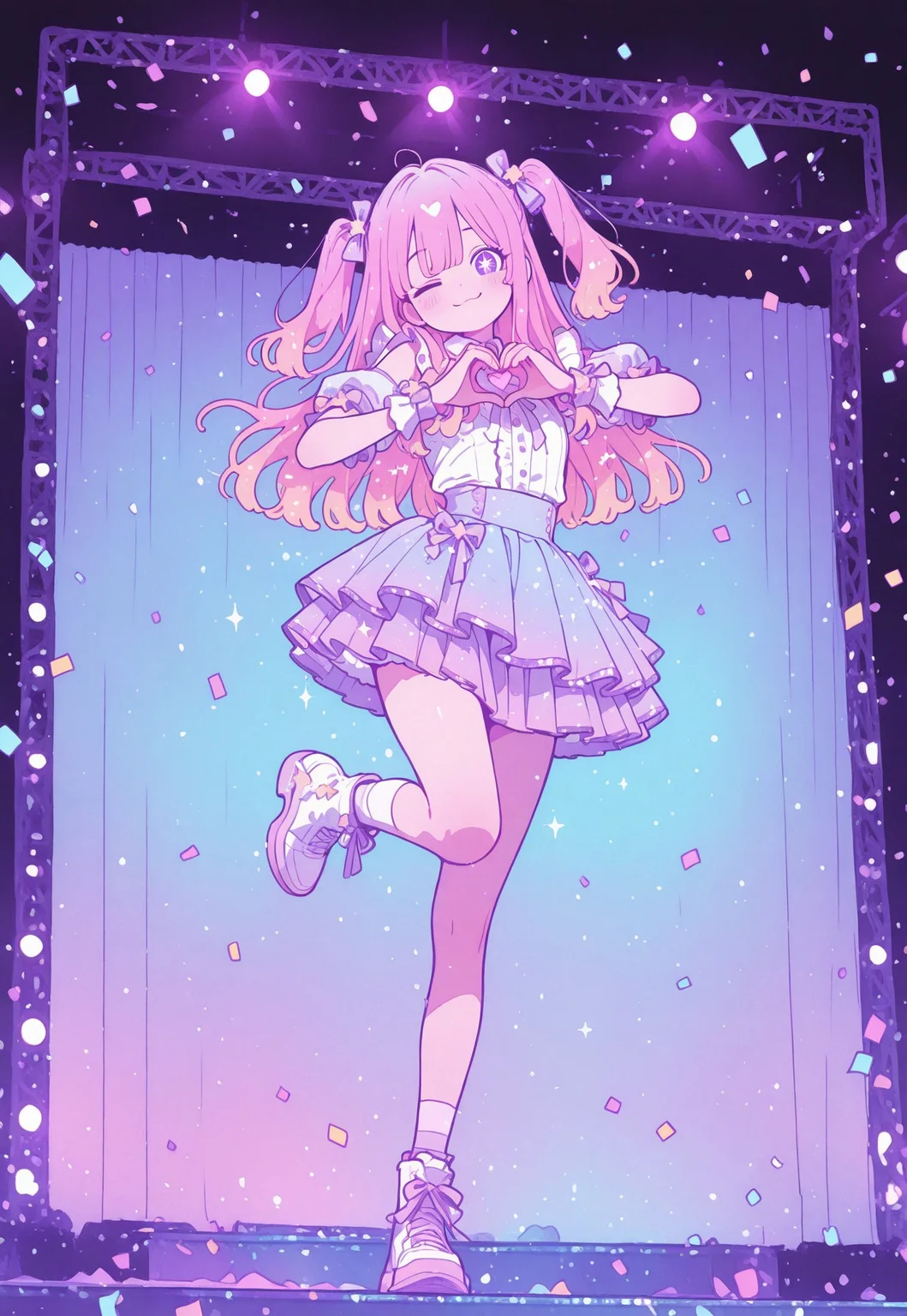 aesthetic, film grain
(masterpiece), best quality, amazing quality, aesthetic,
1girl, solo, idol, stage, long hair, pink hair, gradient hair, star-shaped pupils, sparkling eyes, idol dress, frills, pleated skirt, pastel colors, winking, heart hands, 4-Finger Heart Hands,,glowing lights, looking at viewer, full body, cheerful, dynamic pose, background lights, confetti, ribbon, energetic, vibrant, standing on one leg,glittering-idol-outfit
Flatline, Flat vector illustrations
<lora:NOOB_vp1_detailer_by_volnovik_v1:0.3> <lora:ponyv6_noobE11_2_adamW-000017:0.3> <lora:XXX667:0.7> <lora:checkpoint-e18_s306:2>,