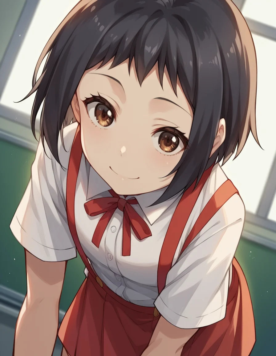 score_9, score_8_up, score_7_up, source_anime, <lora:hanako-hasegawa-ova-ponyxl-lora-nochekaiser:1>, hanako hasegawa, short hair, black hair, brown eyes,, skirt, shirt, ribbon, school uniform, white shirt, red ribbon, suspenders,, indoors, bent over, smile, looking at viewer, solo,, cowboy shot, dutch angle