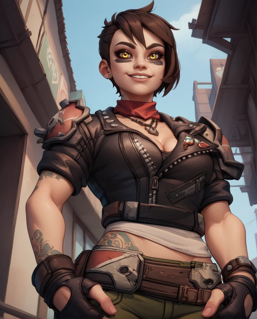 score_9,score_8_up,score_7_up,
Mozexl,short brown hair,yellow eyes,cheek facepaint,hands in pockets,
fingerless gloves,necklace,belt,shoulder armor,scarf,leather jacket,midriff,cleavage,
standing,u looking at viewer,light smile, hiip tattoo, from below,
underground bunker,
<lora:MozeXL:0.8>,
