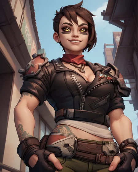 score_9,score_8_up,score_7_up,
Mozexl,short brown hair,yellow eyes,cheek facepaint,hands in pockets,
fingerless gloves,necklace,belt,shoulder armor,scarf,leather jacket,midriff,cleavage,
standing,u looking at viewer,light smile, hiip tattoo, from below,
underground bunker,
<lora:MozeXL:0.8>,