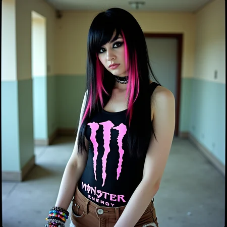 This is a high-resolution analog photograph of a young woman with a pale skin tone and long, straight black hair with striking pink streaks. Her hair cascades over her shoulders and partially covers her face, which has a striking makeup look with heavy eyeliner and dark eyeshadow, giving her a dramatic appearance. She is wearing a black tank top with a prominent pink Monster Energy logo and text, and her outfit includes brown shorts with a distressed look. On her left wrist, she sports a colorful beaded bracelet, and on her right wrist, she has a black and white checkered wristband. Her expression is neutral, with slightly parted lips. The background is slightly blurred, but it appears to be an indoor setting with neutral-colored walls. The overall aesthetic of the image is edgy and alternative, emphasizing a gothic or punk style. The shot, taken with a Yashica T4 on Fujifilm Superia 400 film, is soft and pastel-toned with a ghostly atmosphere. The lighting is flat and cool, creating a washed-out palette that enhances the surrealism of the abandoned setting.  <lora:Emo_girls_-_flux-000014:1> em0g1rls, em0