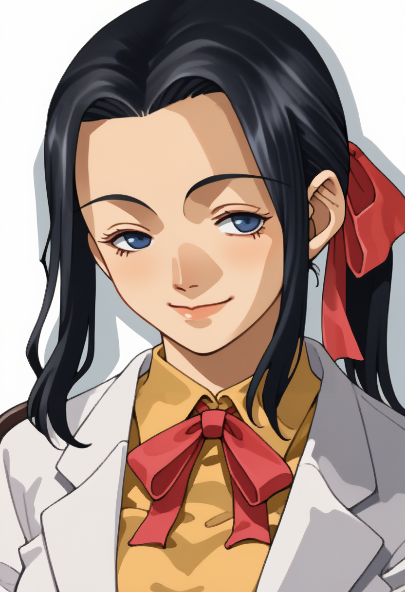 score_9, score_8_up, score_7_up, source_anime, 1girl, solo, eyes half closed, smile
<lora:zs_SoulHackersPortraitsXL:1> soulhackersportraits, portrait, white background,
 <lora:Mari-pdxl_Fp:1> maridesu, black hair, blue eyes, ponytail, hair ribbon, collared shirt, yellow shirt, ribbon, lab coat, long hair, large breasts