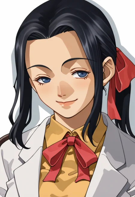 score_9, score_8_up, score_7_up, source_anime, 1girl, solo, eyes half closed, smile
<lora:zs_SoulHackersPortraitsXL:1> soulhackersportraits, portrait, white background,
<lora:Mari-pdxl_Fp:1> maridesu, black hair, blue eyes, ponytail, hair ribbon, collared shirt, yellow shirt, ribbon, lab coat, long hair, large breasts