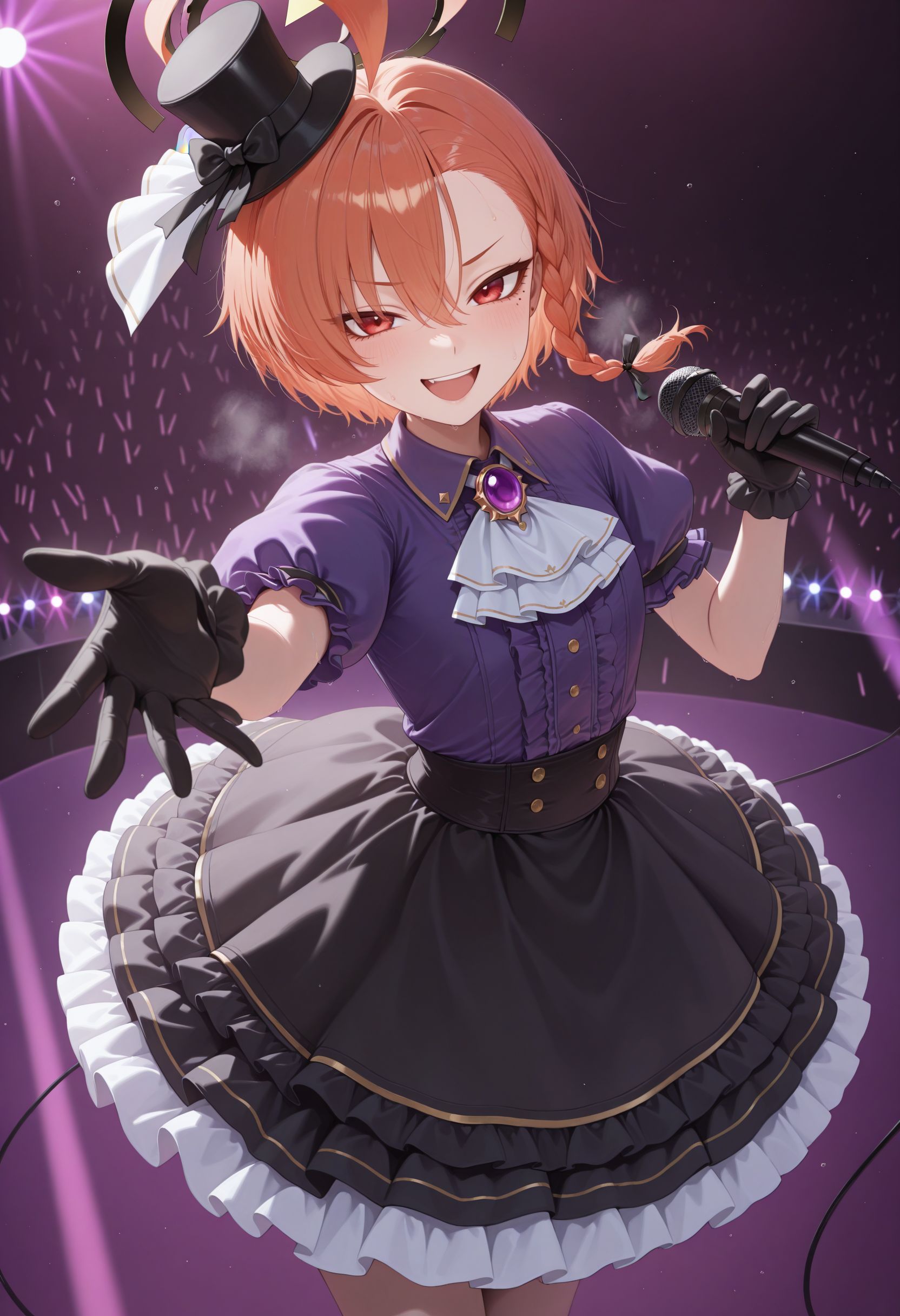 masterpiece, best quality, newest, very awa, looking at viewer,
 <lora:Neru illu:1> 1girl, halo, mole under eye, red eyes, orange hair, single braid, ahoge, short hair, huge ahoge, asymmetrical bangs
black headwear, mini top hat, hat ribbon, black ribbon, idol clothes, frills, purple shirt, collared shirt, white ascot, brooch, purple gemstone, puffy short sleeves, frilled sleeves, black gloves, black skirt, frilled skirt, holding microphone, on stage, smile, :d, sweat, heavy breathing, stage, stage lights, dancing, performing