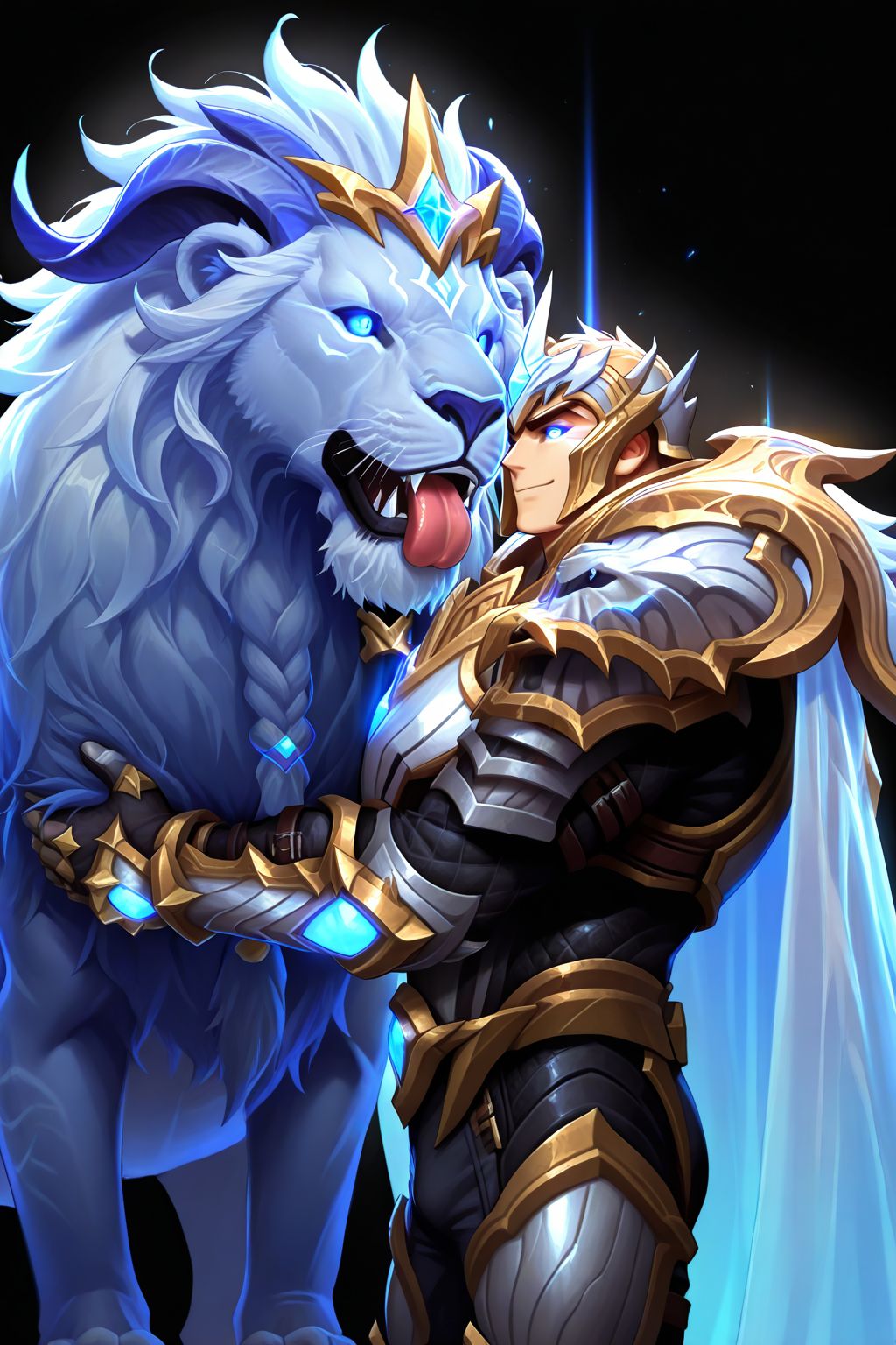 1boy,blue eyes,glowing eyes,muscular male,mature male,bara,from side BREAK
(masterpiece, best quality, high quality, absurdres, high detail),(1boy,solo,mature male) BREAK
smile,1boy hug lion,licking,black background,blue light,
animal,blue lion,transparent lion,
god-king_garen,god-king armor,god-king helmet,shoulder armor,gauntlets,transparent cape,armor,cape,helmet,
<lora:hand 5.5:1>,<lora:add-detail-xl:1>,<lora:4k:1>,<lora:god-king__garen:0.8>,<lora:sn0w:1>,, <lora:Expressive:0.8>,