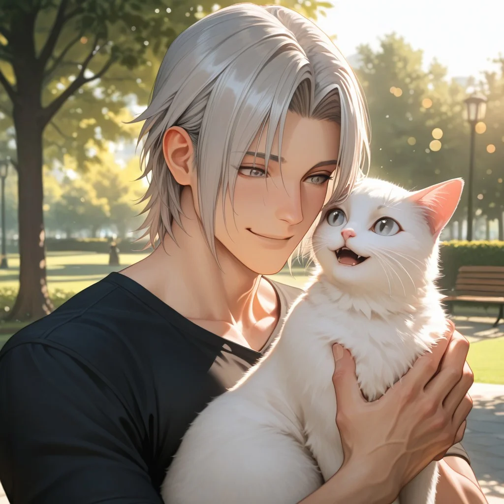 masterpiece, best quality, amazing quality, absurdres, newest, detailed background, definition so sharp, Ultra-HD, 8K cinematic, very awa, impressionate, amazing quality, highres,
solo, male focus, manly,
yashiroisana, 1boy, short hair, parted bangs, shiro_pretime, shiro_grey hair, shiro_grey eyes, smiling, interacting with pet, white cat, playful gesture, calm, park, sunny day, soft bokeh, aesthetic, friendly, joyful, energetic