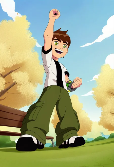 best quality, amazing quality, very aesthetic, absurdres, full body, low angle, solo, 1boy, bentennyson, brown hair, green eyes, shirt, green cargo pants, holding up arm, raised fist, air punch, one watch, open mouth, smiling, standing, park, grass, park bench, standing on a park bench,