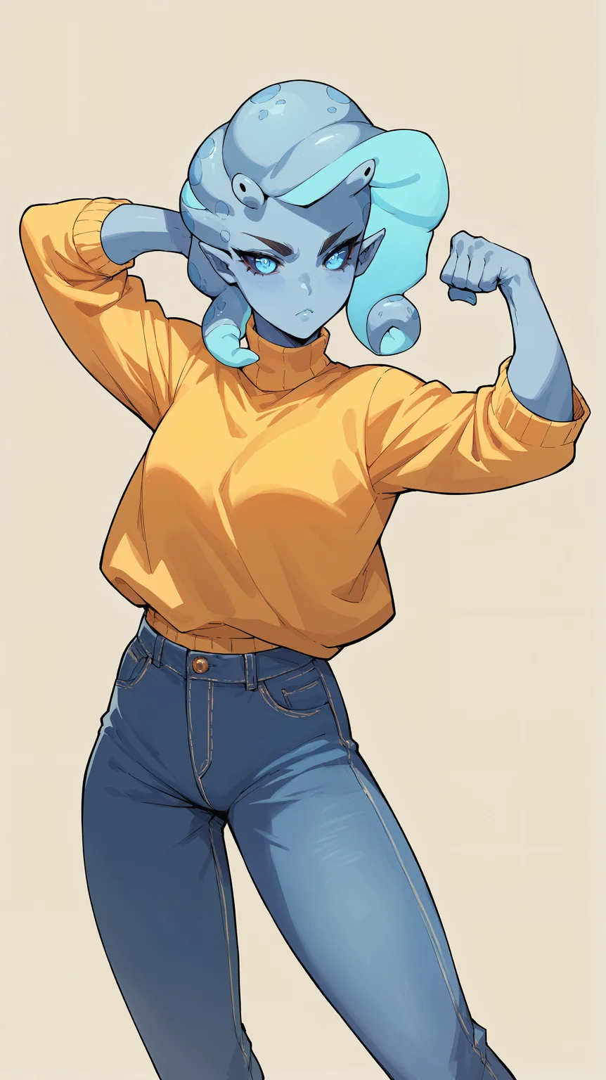 score_9,score_8_up,score_7_up,score_6_up, source_anime, girl, dynamic pose, flexing, <lora:Crestyle_epoch_9:0.7>, crestyle, artstyle, alien girl, blue skin, blue eyes, tentacle hair, yellow sweater, jeans, simple background,
