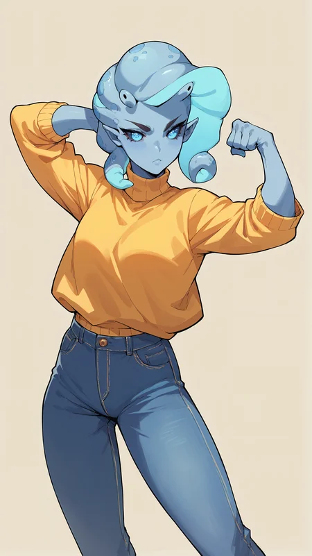 score_9,score_8_up,score_7_up,score_6_up, source_anime, girl, dynamic pose, flexing, <lora:Crestyle_epoch_9:0.7>, crestyle, artstyle, alien girl, blue skin, blue eyes, tentacle hair, yellow sweater, jeans, simple background,
