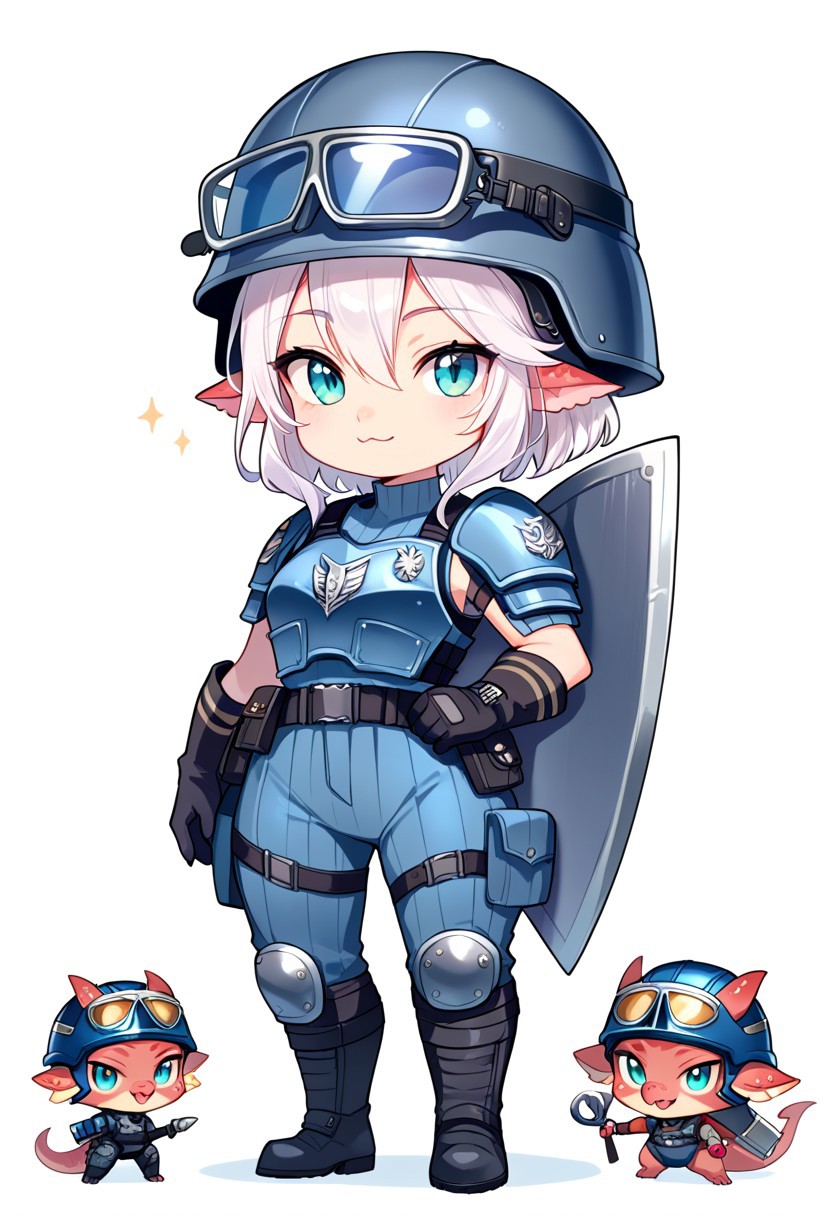 score_9, score_8_up, score_7_up, source_cartoon, cute chibi kobold, chibi body, swat armor, combat gloves, swat helmet, holding riot_shield in front, looking at viewer,  SomSom Style