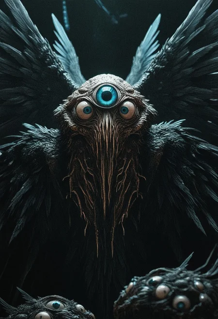 DnD_Grainyboyz, grainy, noise, Dark cyberpunk artwork, Extremely hyper realistic detailed seraphins, mystical creature with hundreds of eyes and wings,