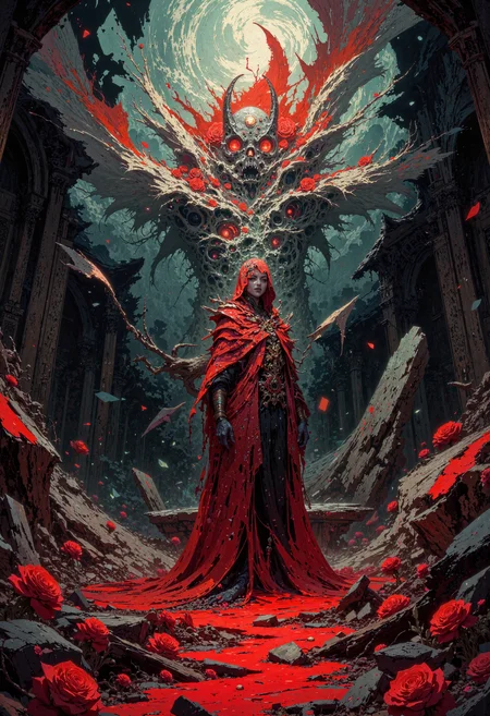 masterpiece, high-quality, A regal figure in tattered crimson veils standing at the altar of a ruined cathedral, black roses at her feet. Her pale skin is traced with ghostly runes, glowing with the echoes of collapsing timelines. The swirling fragments of past weddings float around her like phantoms, each veil torn by the sharp edges of reality. deep gothic tones, heavy chiaroscuro, hyperdetailed, refined details, best quality, high resolution, <lora:FLUX\Anime v1.3:0.5> <lora:FLUX\FLUX-daubrez-DB4RZ:0.3> <lora:FLUX\VividlySurrealOrigin:0.6> <lora:FLUX\DarksunRiddV4:0.4>