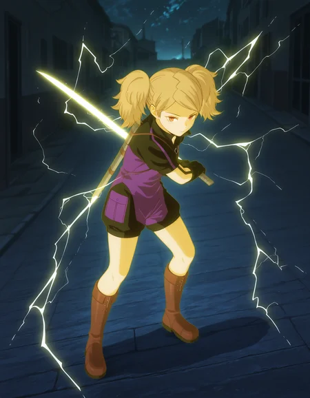 <lora:midis_Kuroefutaba_V1.2[IL]:1>, kuroe futaba, full body, standing, squad_uniform,  kogetsu, draw stance, charging skanda, body glowing yellow, electricity,, masterpiece,best quality, very aesthetic,absurdres,newest,