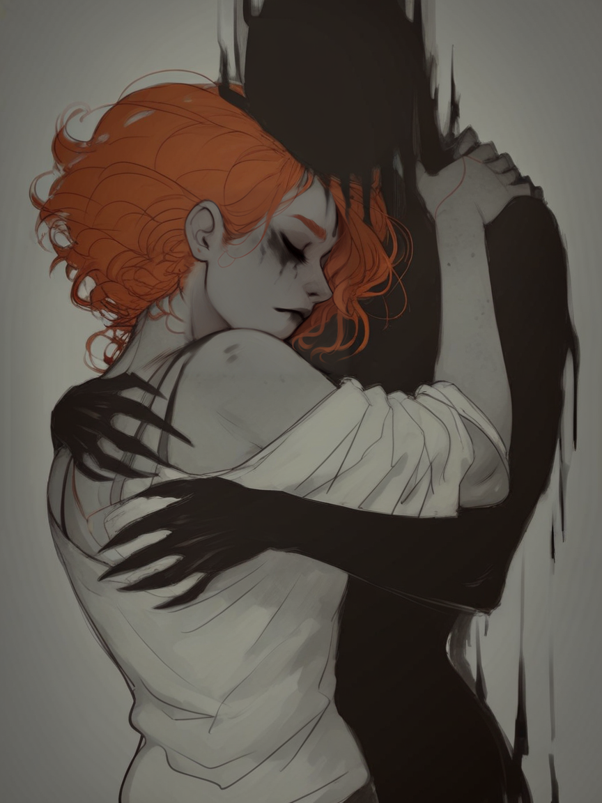 score_9, score_8_up, score_7_up, score_6_up, score_5_up,  <lora:th3d4rkXLP:1> th3d4rk, darkness, shadow, 1girl, ginger hair, monochrome, hug