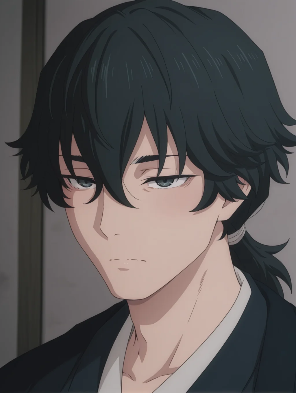 Jinta, black hair, japanese clothes, jinta, ponytail, hair between eyes masterpiece, best quality, amazing quality, 1 boy, solo, male focus, fair skin, face focus, face close up