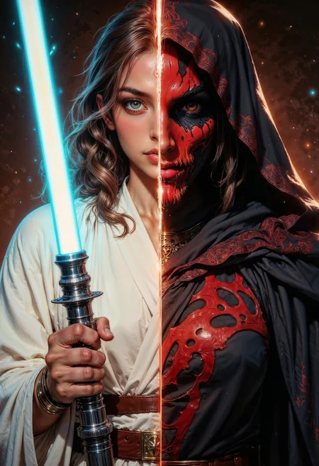 A dramatically lit, split-image portrayal of a stunning young woman, divided squarely down the middle, showcasing her dichotomous existence as a powerful Force wielder. On the left side, she embodies the noble Jedi Order, clad in a crispy white robe with a golden brown belt, her long, curly brown hair cascading down her back, and her bright, piercing green eyes shining like emeralds. She grasps a shimmering silver-bladed lightsaber, its hilt adorned with intricate, swirling patterns. In stark contrast, on the right side, she has succumbed to the dark side, transformed into a malevolent Sith warrior, clad in a flowing black robe with a wide, crimson-lined cloak, her hair now stark black and straight, her eyes blazing like hot coals. Her red-bladed lightsaber crackles with malevolent energy, its hilt twisted with dark, organic shapes.