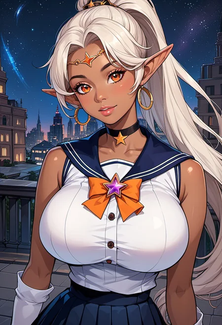 score_9, score_8_up, score_7_up, score_6_up, score_5_up, score_4_up, ANIMEShader, beautiful elven woman, (dark skin:1.3), long white hair in a ponytail, small cute button nose, soft round chin, detailed orange eyes, bright orange eyes, high definition eyes, detailed eyes, elf ears, huge breasts, circlet, star choker, hoop earrings, white shirt, sleeveless, blue sailor collar, yellow bowtie, brooch, white leotard, blue skirt, pleated skirt, white gloves, night, city,