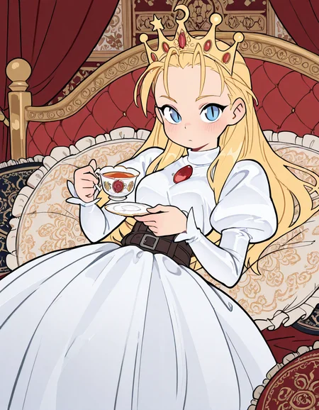 masterpiece, best quality, ultra detailed, aesthetically pleasing, absurdres, highres, ultra-detailed, beautiful detailed hair, beautiful detailed eyes, glistening skin, illustration, no line art, flat colors, BREAK,
solo female focus, 1girl, dvltte, long blonde hair, crown, hair slicked back, blue eyes, slit pupils, white dress, puffy juliet sleeves, lounging back, royal bedroom, excessive pillows, holding tea, slight blush,
<lora:devilotte_Illustrious:1>