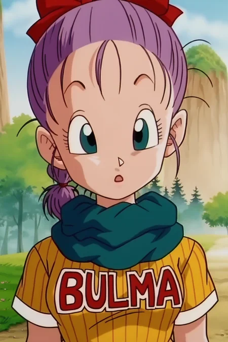source_anime, score_9, score_8_up, score_7_up, anime screencap,
bulma, 1girl, solo, looking at viewer, open mouth, blue eyes, upper body, purple hair, hair bow, outdoors, sky, day, :o, character name, vertical-striped dress, tree, eyelashes, grass, nature, clothes writing, close-up, scarf, braided ponytail
<lora:bulmaPTP_pony_v1:0.8>