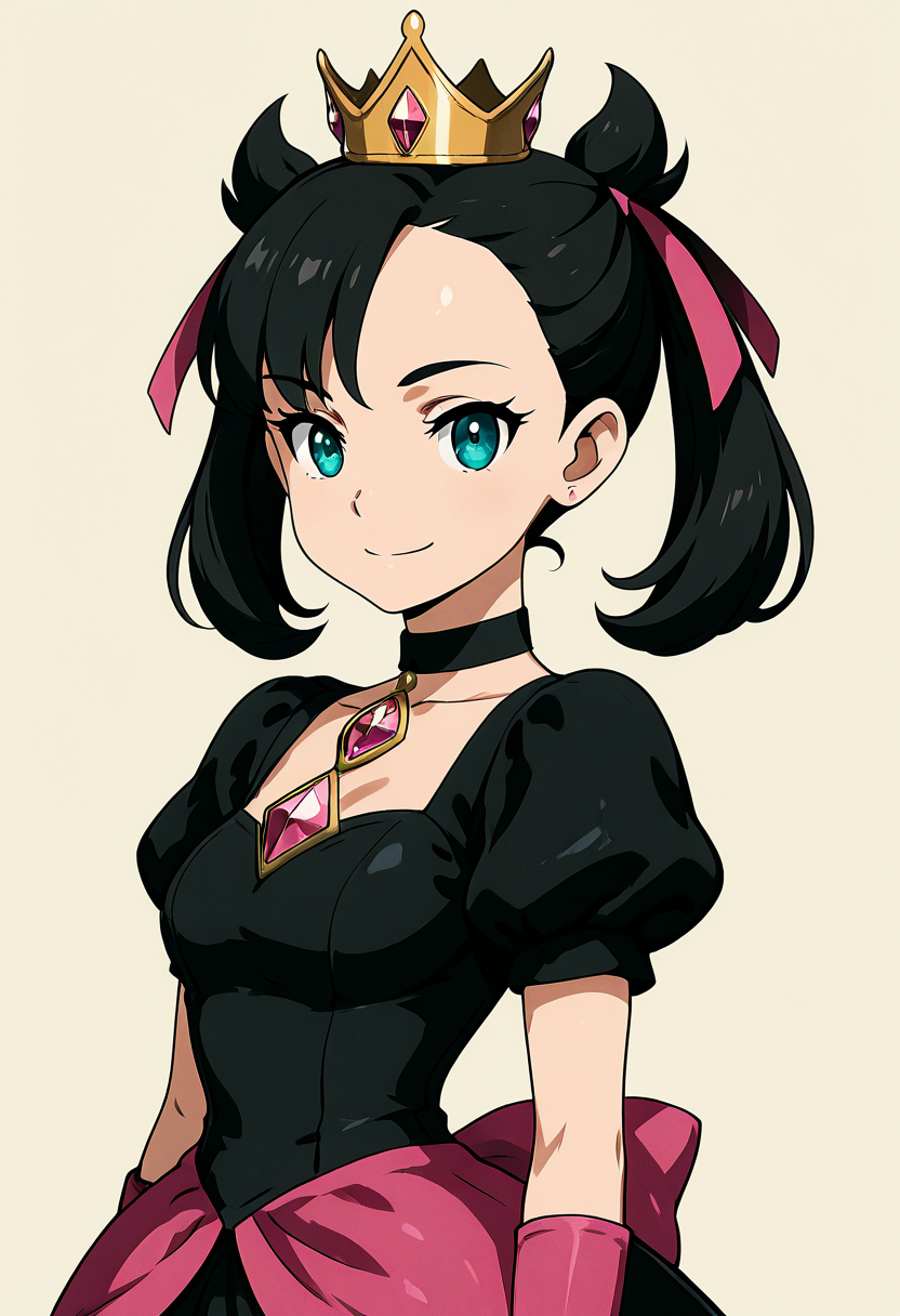 masterpiece, best quality, 1girl, solo, eyelashes, (beautiful eyes), shiny skin, looking at viewer, smile, zzShadowMarnieCitron, aqua eyes, black hair, hair ribbon, medium hair, asymmetrical bangs, twintails, mini crown,   black dress, puffy short sleeves, black choker, gem, pink ribbon, pink gloves, bow, large breasts, narrow waist, chiaroscuro,  ,<lora:ShadowHimeMarnieCitronOCIXL_v3:1.0>,  upper body, side view, smile, looking at viewer, shiny skin,