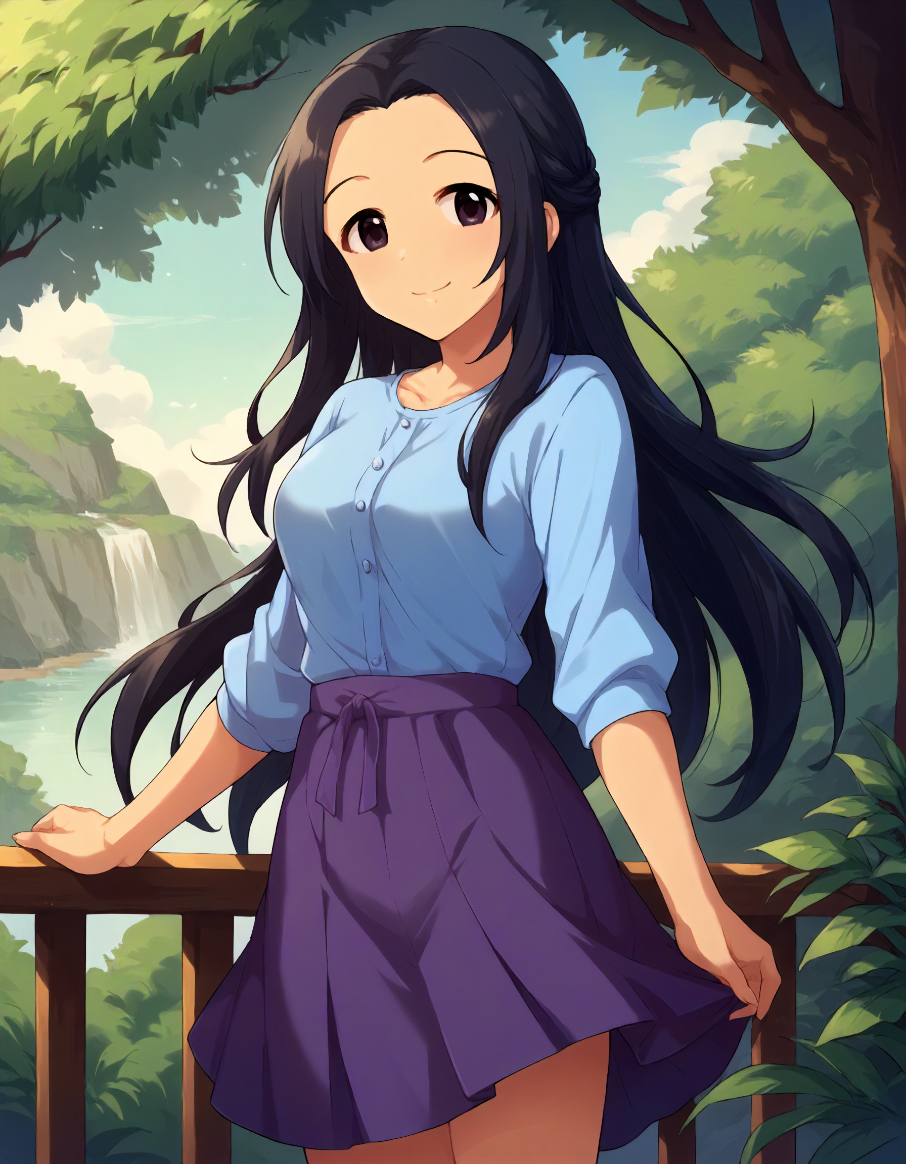 score_9,score_8_up,score_7_up,1girl,solo,cowboy shot,smile,closed mouth,looking at viewer,outdoors,
<lora:egamitsubaki_ponyXLV6:0.8>,cget,
black hair,long hair,forehead,black eyes,
blue shirt,purple skirt