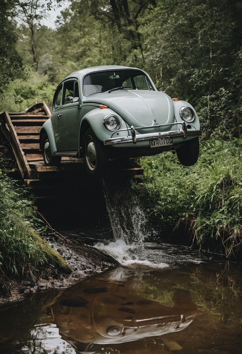 high-contrast palette, subtle grain, timeless feeling, cinematic quality, modern art photograph, a VW Beetle in mid-air jumping off a ramp across a creek