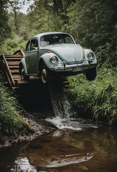 high-contrast palette, subtle grain, timeless feeling, cinematic quality, modern art photograph, a VW Beetle in mid-air jumping off a ramp across a creek