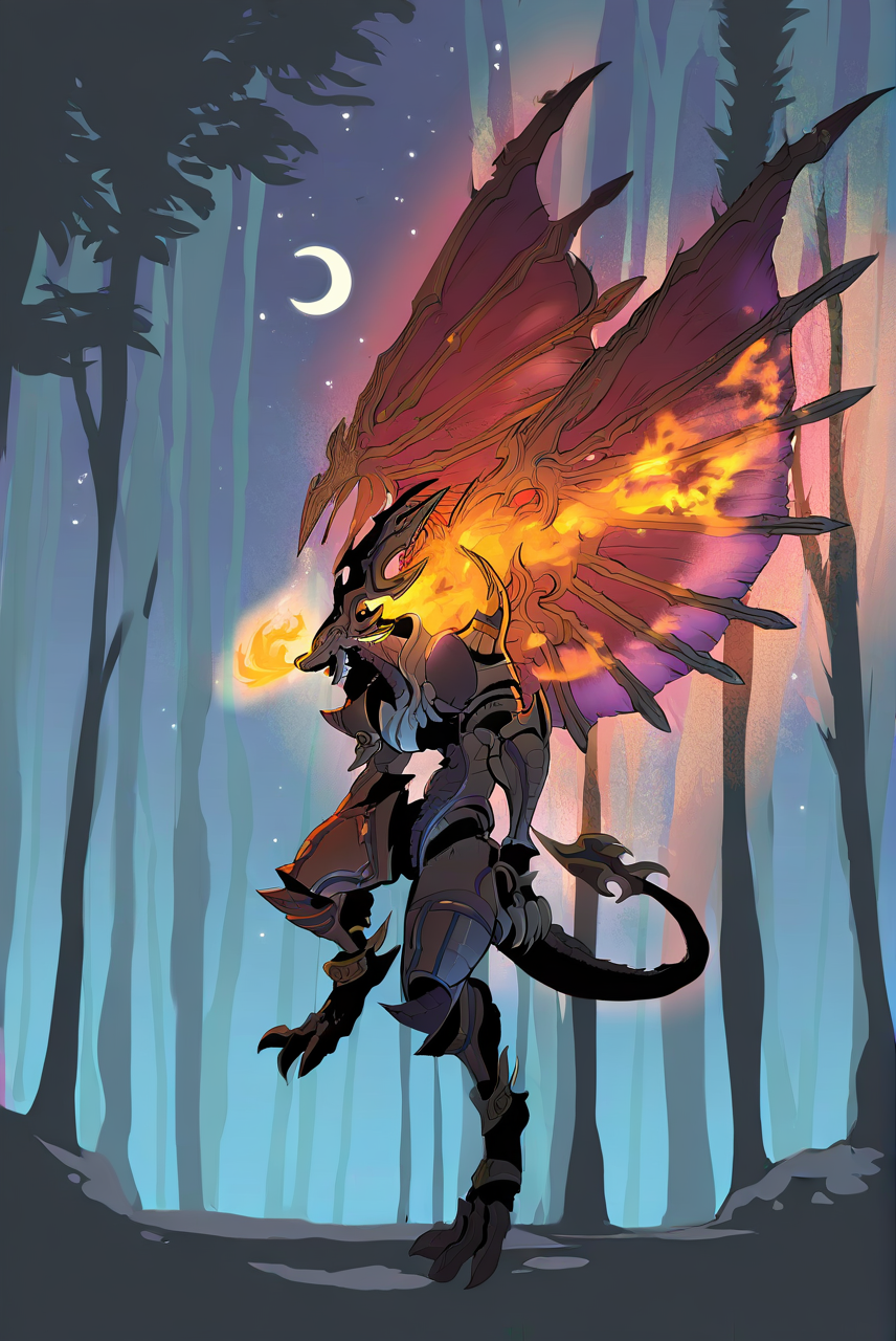 highres, best quality, masterpiece, very aesthetic, newest,solo,dorugoramon,wings,horns,tail,final fantasy, full color,intricate linework,hard shadow,shaded face,full body,vivid detail,gothic,breathing fire,flame aura,outdoors,forest,trees,crescent moon, moon,stars, <lora:DorugoramonIllustrious:1>