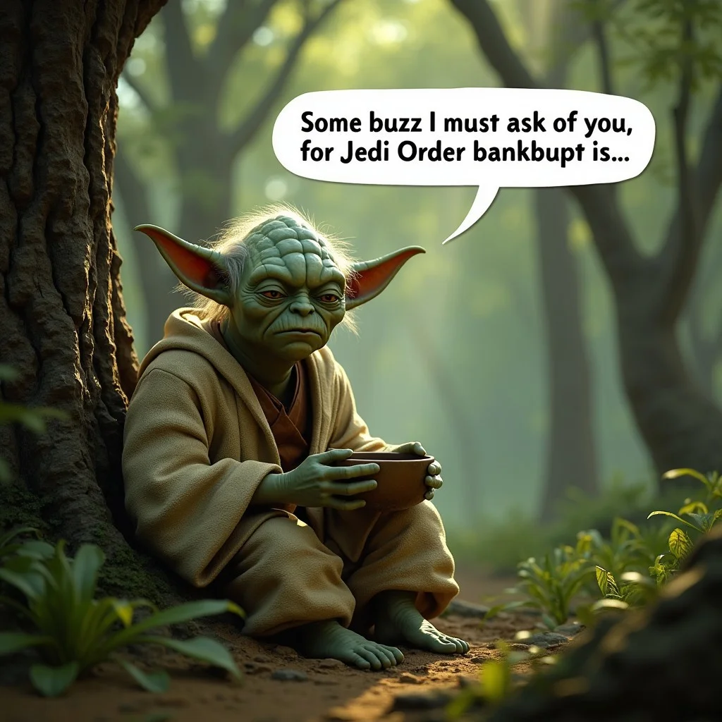 Excellent quality photorealistic image of sad and tired looking Yoda from Star Wars sitting on tree trunk, surrounded by alien greenery in Dagobah forest, holding an empty beggar's bowl. Above him is speech bubble with following words:
“Some buzz I must ask of you for Jedi Order bankrupt is..."