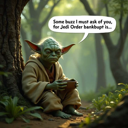 Excellent quality photorealistic image of sad and tired looking Yoda from Star Wars sitting on tree trunk, surrounded by alien greenery in Dagobah forest, holding an empty beggar's bowl. Above him is speech bubble with following words:
“Some buzz I must ask of you for Jedi Order bankrupt is..."