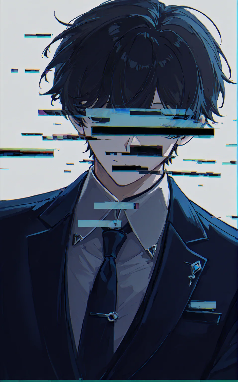 1boy,solo,suit,[huge glitch censor covering eyes:1.2],(huge glitch censor covering the entire face:1.5),glitch,glitching,geometry stripe,cinematic_angle,upper_body,sideways_glance,looking_at_viewer,(clear lines:1.1),<lora:GlitchingXL>,<lora:rafaelaaa:0.8>,