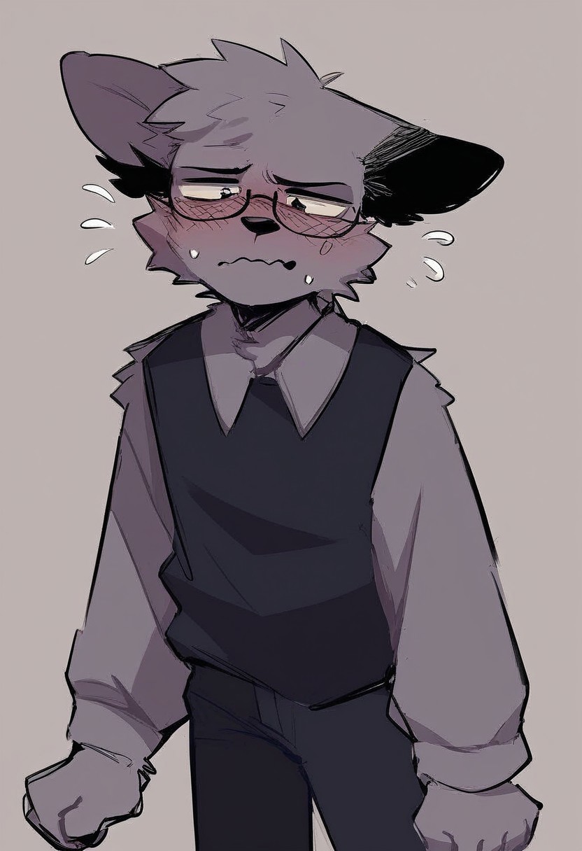 score_9, score_8_up, score_7_up, BrunoF, Gray fur, 1boy, furry, animal ears, furry male, focus male, tail, Gray fur, Black vest, gray shirt, gray sleeves, black pants, solo, sny, Nervous,