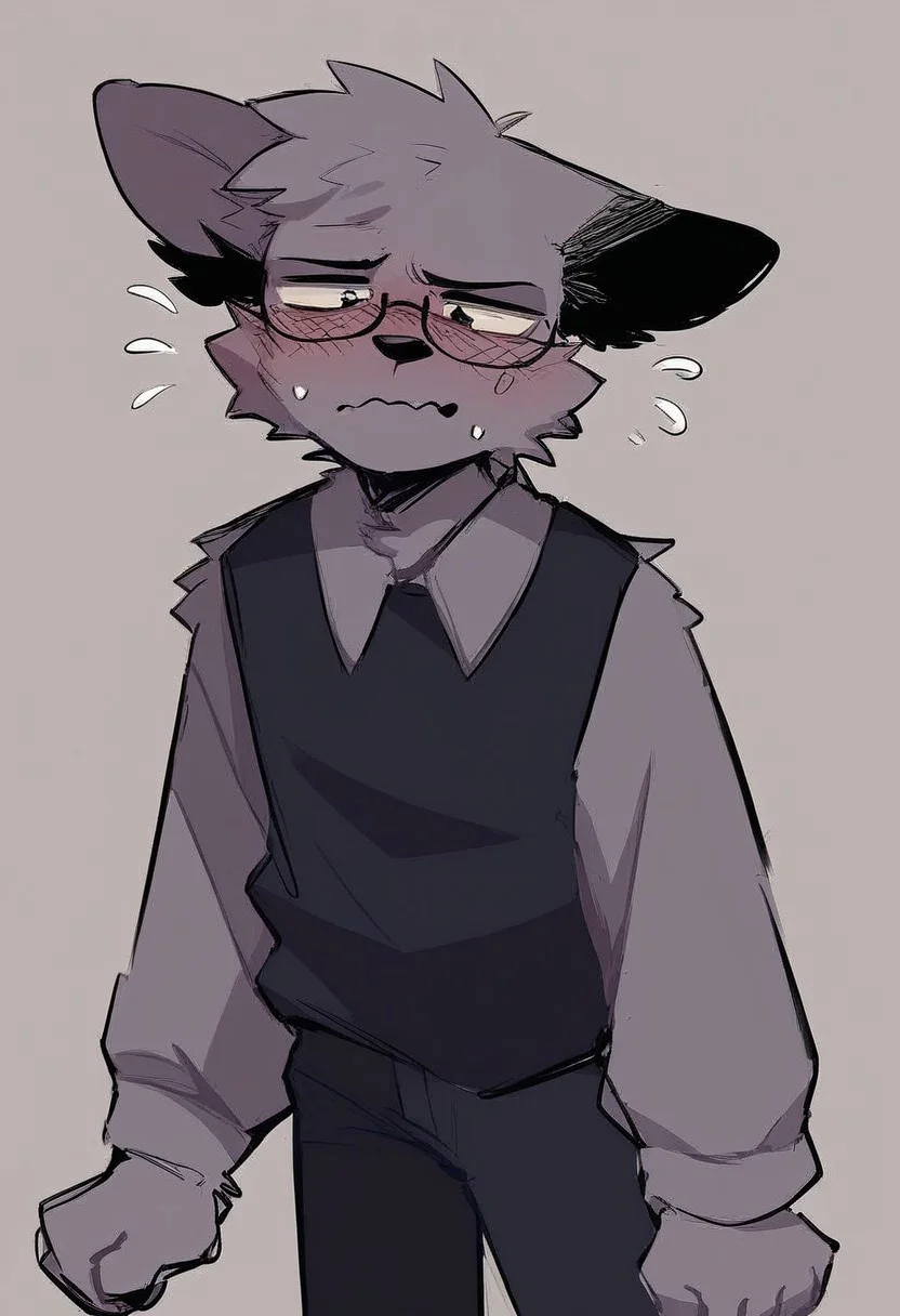 score_9, score_8_up, score_7_up, BrunoF, Gray fur, 1boy, furry, animal ears, furry male, focus male, tail, Gray fur, Black vest, gray shirt, gray sleeves, black pants, solo, sny, Nervous,