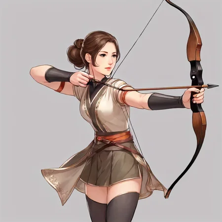 1girl,recurve bow , Aiming a Bow, firing and arrow, Bow, Japanese, kyudo, yumi, solo, d1dress, brown hair, gloves, holding, standing, full body, ponytail, weapon, single glove, bow \(weapon\), partially fingerless gloves, arrow \(projectile\), holding bow \(weapon\), aiming, drawing bow, archery, d1 dress, cloth, beautiful eyes<lora:mergedarchedlora:0.7>