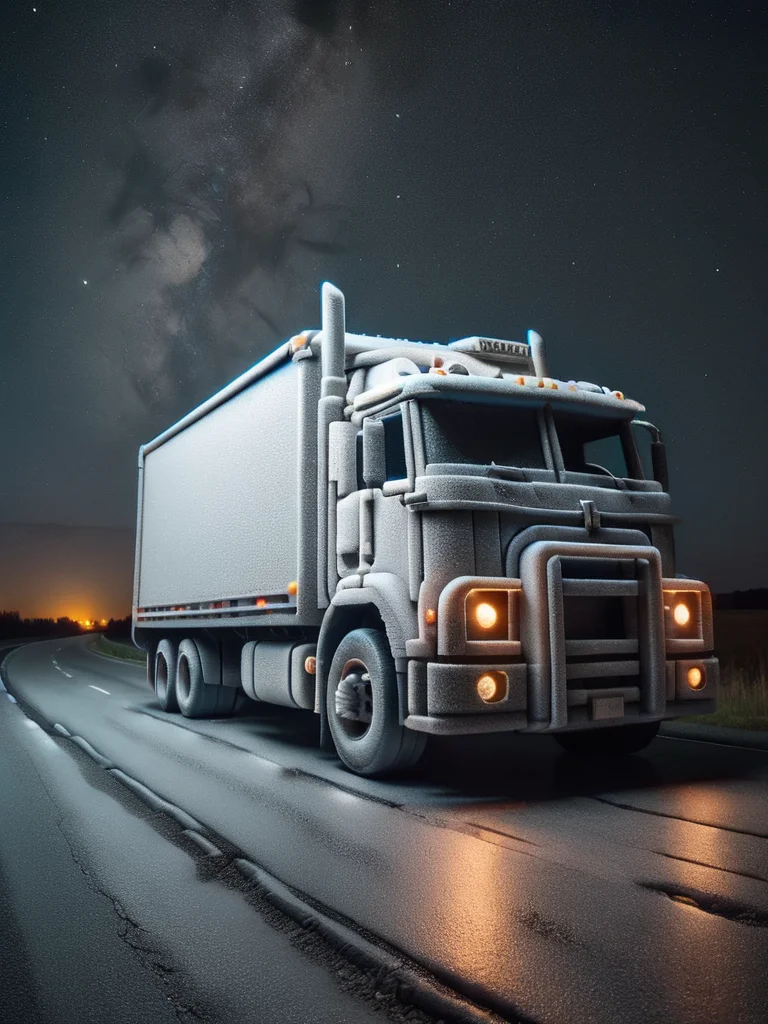 a realistic photo of a semi truck made of ral-fittingfoam <lora:ral-fittingfoam:1> on the road, at night, bright star sky